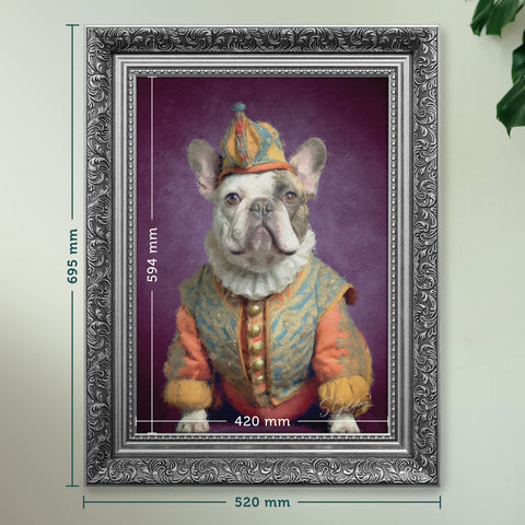 A framed artwork depicting a Jester Bulldog wearing ornate clothing, set against a purple background, with dimensions marked as 420 x 594 mm.
