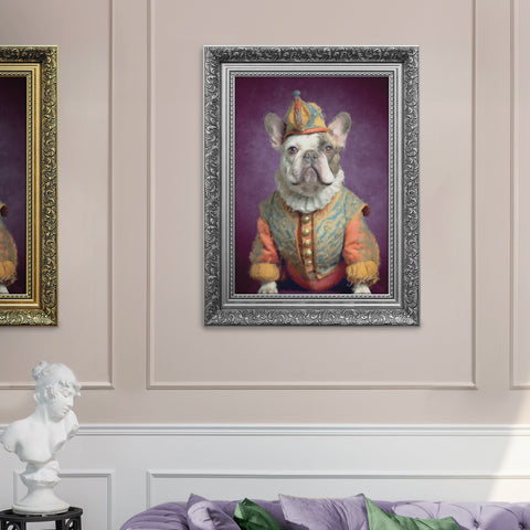 Bulldog wall art featuring a French bulldog in a jester outfit in a luxury silver frame. Artwork by S.Golding