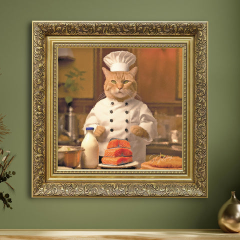 Chef cat wall art featuring a cat in chef uniform cooking in kitchen with ornate gold frame, vintage animal decor for UK home