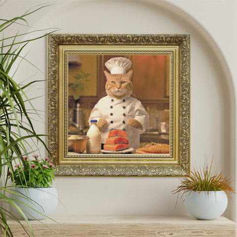 Chef cat wall art featuring a tabby cat in chef uniform cooking in kitchen with a baroque gold frame, vintage animal decor for UK home