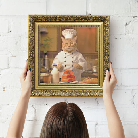 Chef cat wall art featuring a cat in chef uniform cooking in kitchen with a baroque silver frame, ready to hang vintage animal decor for UK home