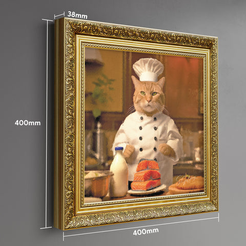 Framed artwork of a cat in a chef's outfit with dimensions displayed.
