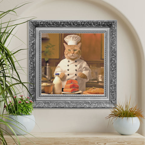 Chef cat wall art featuring a cat in chef uniform cooking in kitchen with a ornate silver frame, ready to hang vintage animal decor for UK home