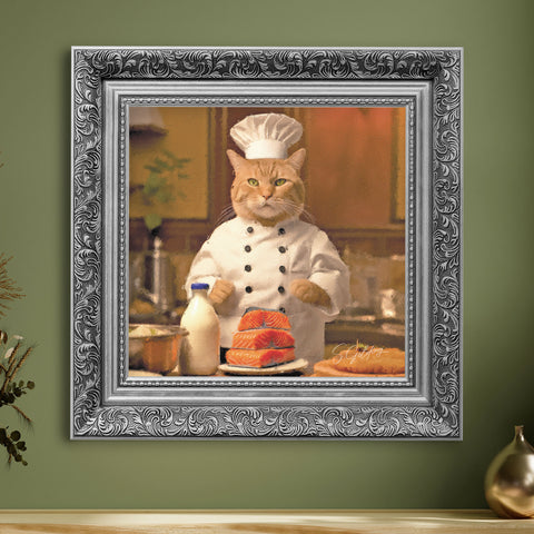 Chef cat wall art featuring a cat in chef uniform cooking in kitchen with an ornate baroque silver frame, vintage animal decor for UK home