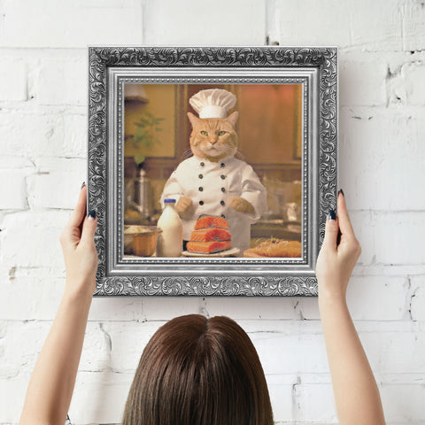 Chef cat wall art featuring a cat in chef uniform cooking in kitchen with a baroque silver frame, ready to hang vintage animal decor for UK home