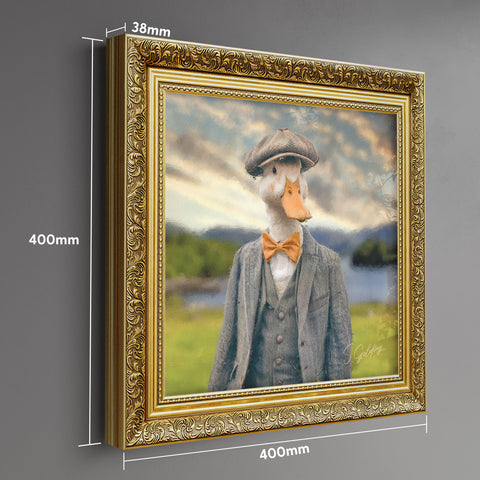 Framed artwork of a duck wearing a suit with scenic background, displayed in a gold frame, showing frame dimensions