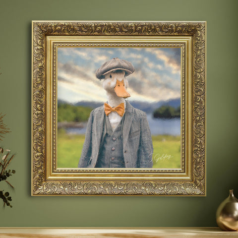 Duck portrait wall art in peaky blinder clothes with gold frame for UK home decor
