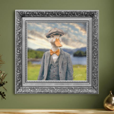 Duck portrait wall art in a suit and bow tie with a silver baroque frame for UK home decor