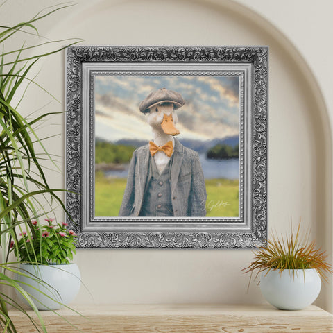 Duck portrait wall art in bow tie and suit with a silver frame for UK home decor