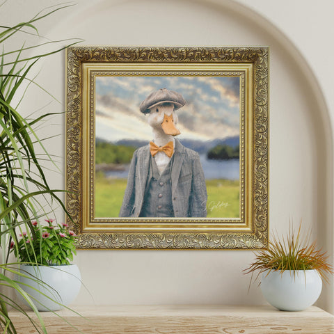 Duck portrait wall art in a suit and bow tie with a baroque gold frame for UK home decor