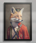 Fox wall art featuring British officer fox portrait in red uniform in a A2 black frame, vintage animal decor for UK home Art by S.Golding
