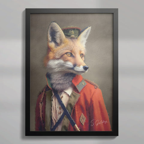 Fox wall art featuring British officer fox portrait in red uniform in a A2 black frame, vintage animal decor for UK home Art by S.Golding