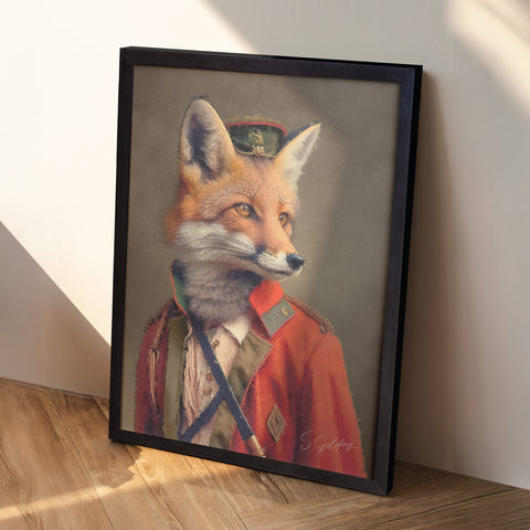 Fox wall art featuring British officer fox portrait in red uniform in a A2 black frame leaning against wall, vintage animal decor for UK home Art by S.Golding