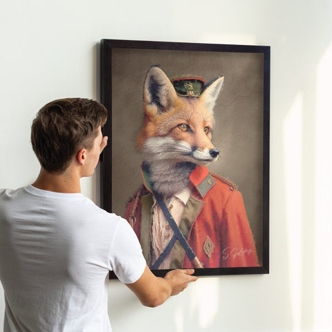 Regal Fox wall art featuring a red fox wearing military uniform in black A2 frame, ready to hang animal portrait decor for UK home, animal art by S.Golding
