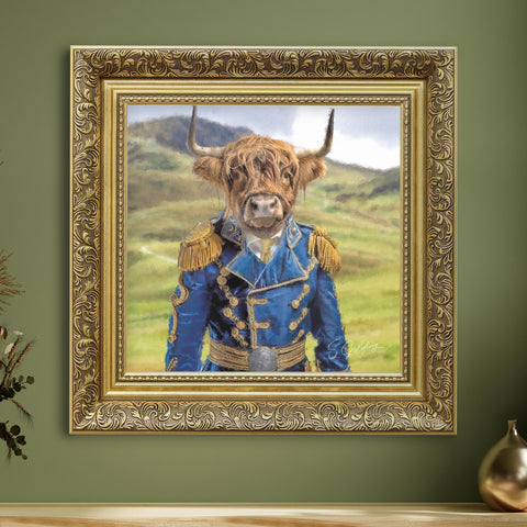 Highland cow framed portrait featuring a Scottish Highland cow in blue matador uniform with ornate gold frame, luxury animal decor for UK homes