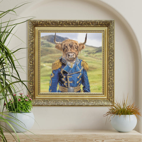 Highland cow wall art featuring a Scottish Highland cow in blue matador uniform with a barogue gold frame, luxury animal decor for UK homes