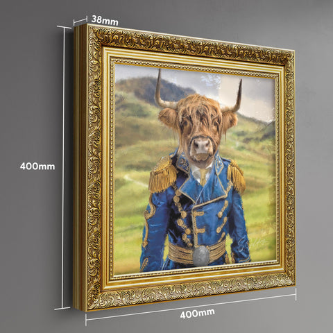 Highland cow portrait wall art featuring a Scottish Highland cow in blue matador uniform with ornate gold frame, displaying frame dimensions