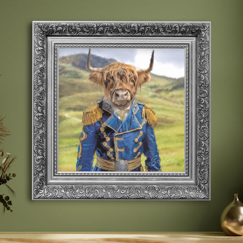 Highland cow framed portrait featuring a Scottish Highland cow in blue matador uniform with ornate silver frame, luxury animal decor for UK homes