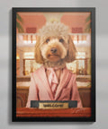 Labradoodle wall art portrait of a lady dog in a pink suit with a welcome sign in a A2 black frame UK