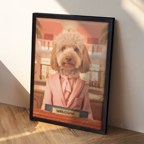 Labradoodle wall art portrait of a femal dog in a pink suit with a welcome sign in a A2 black frame UK, leaning against wall