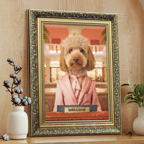 Labradoodle wall art portrait of a lady dog in a pink suit with a welcome sign in a luxury gold frame UK