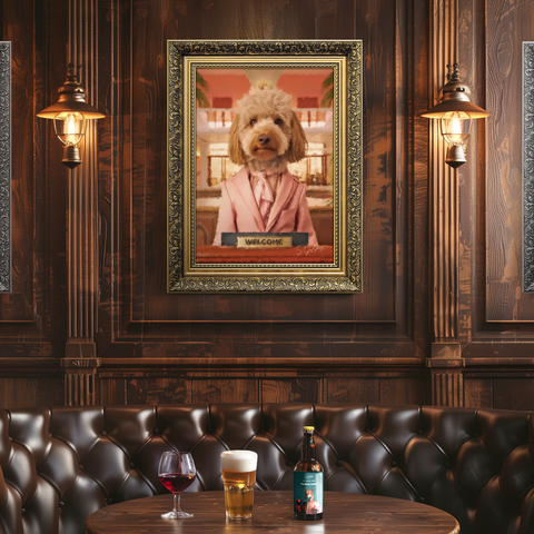 Labradoodle wall art portrait of a lady dog in a pink suit with a welcome sign in a luxury gold frame, in a UK pub setting