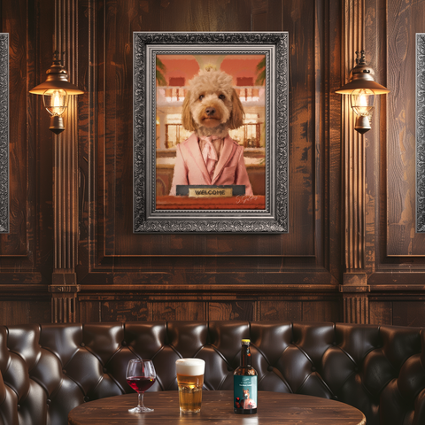 Cockapoo wall art portrait of a lady dog in a pink suit with a welcome sign in a baroque silver frame UK
