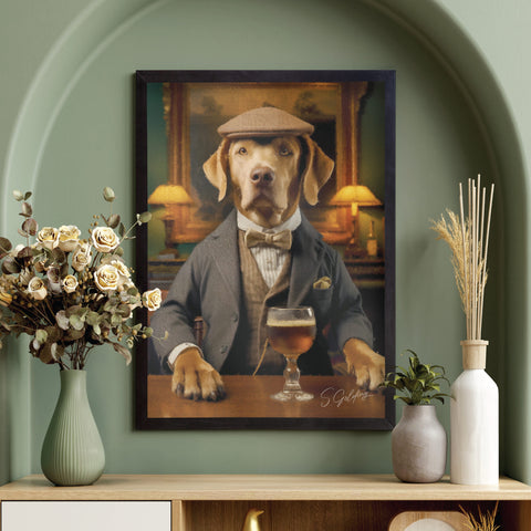 Dog wall art featuring a gentleman Labrador in suit with drink in luxury frame styled in UK living room interior. Dog wall art by S.Golding