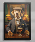 Dog portrait wall art featuring gentleman labrador in suit with drink in A2 black frame, vintage decor for UK home