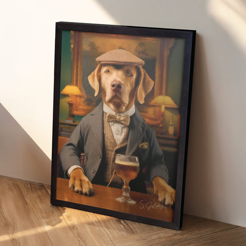 Gentleman dog wall art in luxury frame styled leaning against wall. Vintage animal decor perfect for UK interiors. Dog Art By S.Golding
