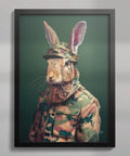 Rabbit wall art in a military uniform on a green background in a black A2 Frame UK