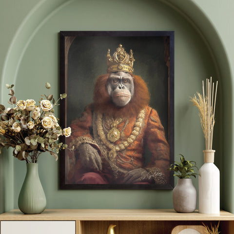 Orangutan king wall art featuring a royal monkey wearing crown and regal clothes in black A2 frame, luxury animal portrait decor for UK home. Artwork by S.Golding
