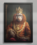 Orangutan king wall art featuring a royal monkey wearing crown and regal robes in black A2 frame, luxury animal portrait decor for UK home
