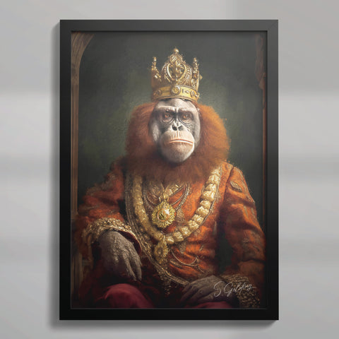 Orangutan king wall art featuring a royal monkey wearing crown and regal robes in black A2 frame, luxury animal portrait decor for UK home