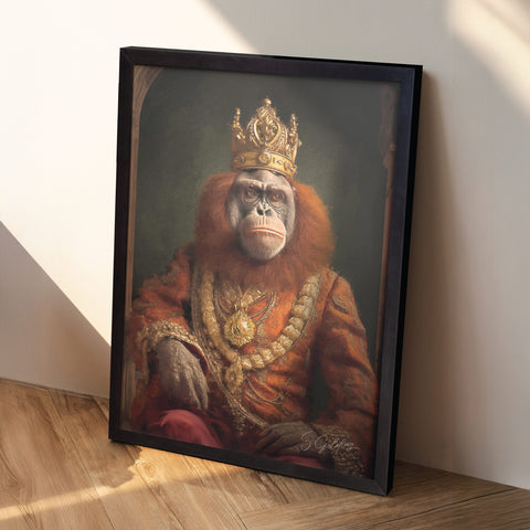 Orangutan wall art featuring a monkey wearing crown and royal clothes in a black A2 frame, luxury animal portrait decor for UK home