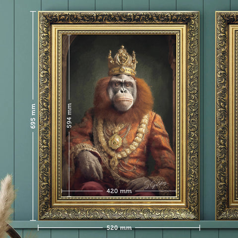 A framed artwork depicting a stylized orangutan wearing a crown and royal attire, displaying product dimensions