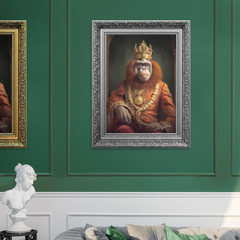 Orangutan king wall art featuring a royal monkey wearing crown and regal clothes in baroque silver frame, luxury animal portrait decor for UK home