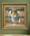 Robin wall art featuring a bird in vintage outfit with ornate gold frame, British animal decor for UK home