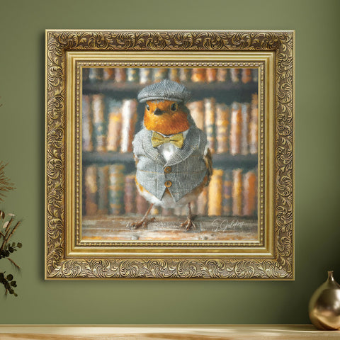 Robin wall art featuring a bird in vintage outfit with ornate gold frame, British animal decor for UK home
