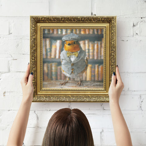Robin wall art featuring a bird in vintage outfit with a baroque gold frame, ready to hang british animal decor for UK home