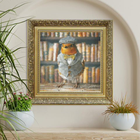 Robin wall art featuring a bird in vintage outfit with a luxury gold frame, British animal decor for UK home