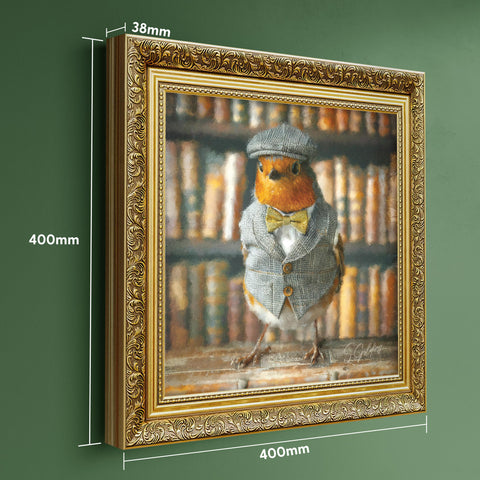 Robin wall art featuring a bird in vintage outfit in a luxury gold frame with dimensions displayed, British animal decor for UK home