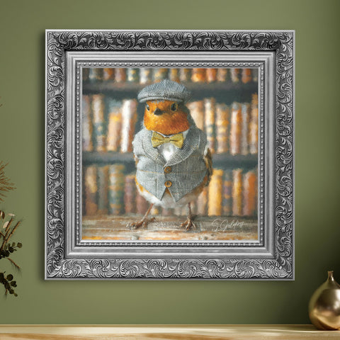 Framed artwork of a robin in a suit in a luxury silver ornate frame, british wildlife inspired art by S.Golding