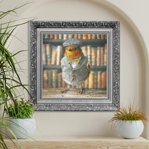 Robin wall art featuring a bird in vintage outfit with a uxury silver frame, British animal decor for UK home