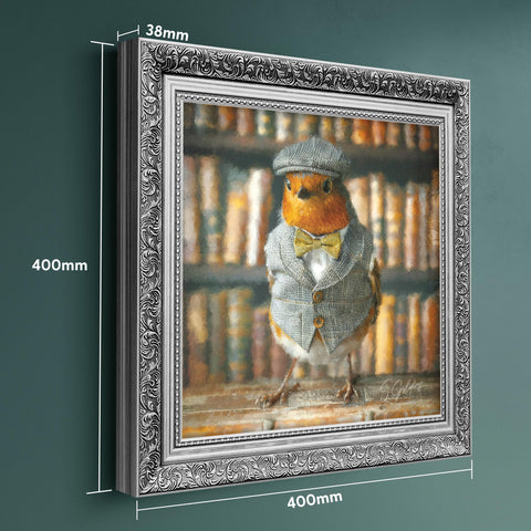 Robin wall art featuring a bird in vintage outfit in a luxury silver frame with dimensions displayed, British animal decor for UK home
