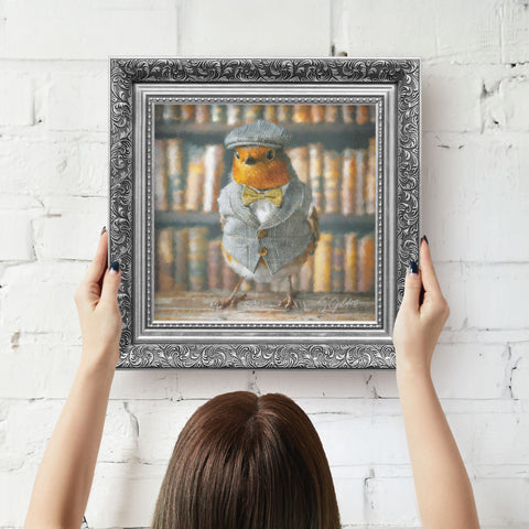Robin wall art featuring a bird in vintage outfit with a baroque silver frame, ready to hang british animal decor for UK home