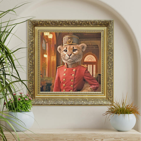 Framed artwork of a cheetah in a red uniform, in a gold baroque frame on a cream wall 