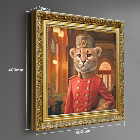 Luxury cheetah portrait wall art featuring a cheetah in red uniform with a baroque gold frame, vintage animal painting for UK home decor with frame measurements