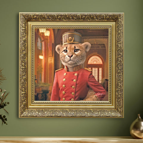 Luxury cheetah portrait wall art featuring a regal lion in red uniform with ornate gold frame, vintage animal painting for UK home decor