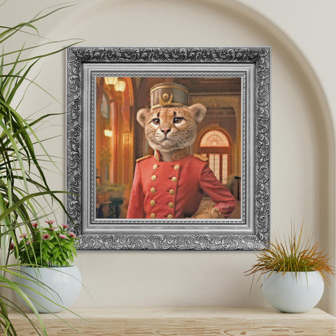 Framed artwork of a cheetah in a red uniform, in a silver baroque frame on a cream wall 